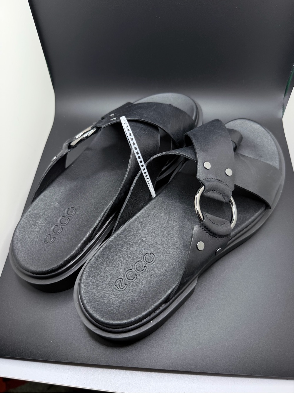Ecco Black Leather Cross-Strap Slide Sandals NWOB - Picture 12 of 15